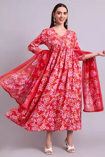 red cotton floral printed & embroidery work anarkali dress with dupatta set