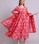red cotton floral printed & embroidery work anarkali dress with dupatta set