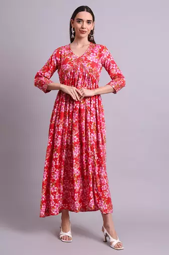 red cotton floral printed & embroidery work anarkali dress with dupatta set