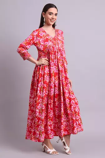 red cotton floral printed & embroidery work anarkali dress with dupatta set