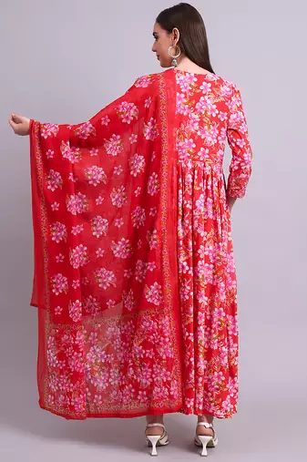 red cotton floral printed & embroidery work anarkali dress with dupatta set