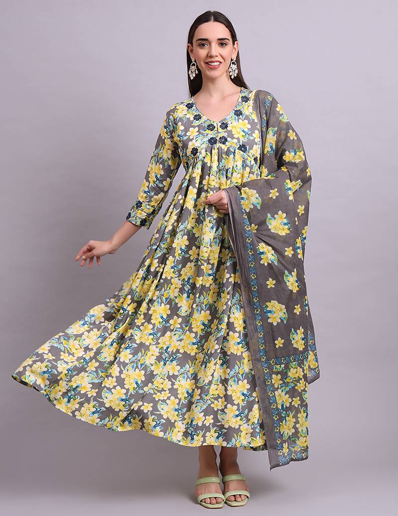 yellow cotton floral printed & embroidery work anarkali dress with dupatta set