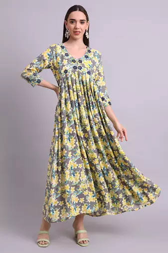 yellow cotton floral printed & embroidery work anarkali dress with dupatta set
