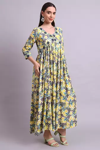 yellow cotton floral printed & embroidery work anarkali dress with dupatta set