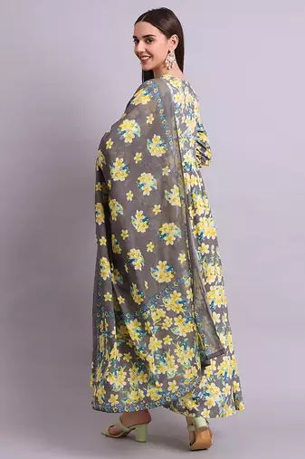 yellow cotton floral printed & embroidery work anarkali dress with dupatta set