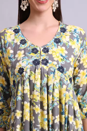 yellow cotton floral printed & embroidery work anarkali dress with dupatta set