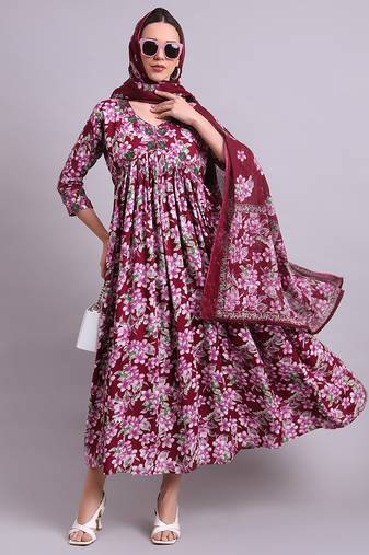 purple cotton floral printed & embroidery work anarkali dress with dupatta set