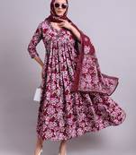purple cotton floral printed & embroidery work anarkali dress with dupatta set