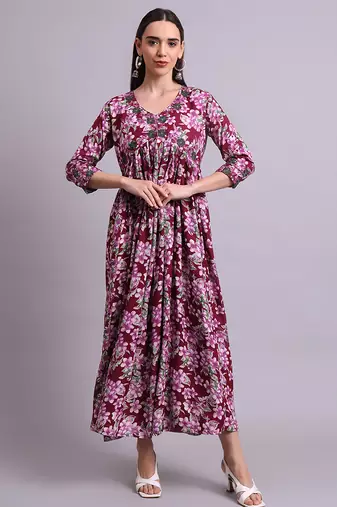 purple cotton floral printed & embroidery work anarkali dress with dupatta set