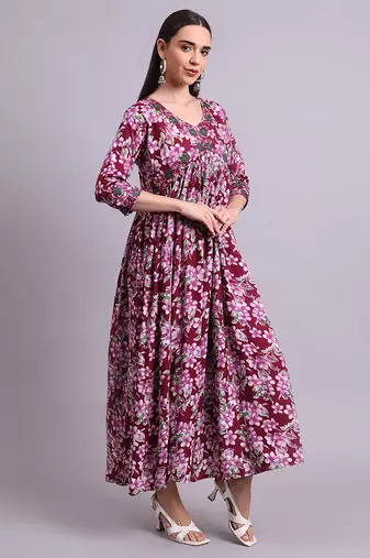 purple cotton floral printed & embroidery work anarkali dress with dupatta set