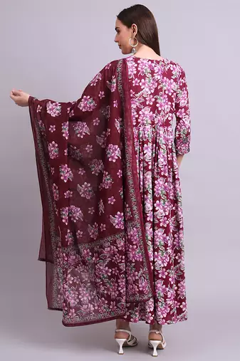 purple cotton floral printed & embroidery work anarkali dress with dupatta set