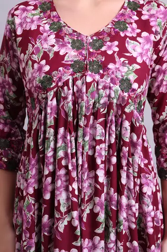 purple cotton floral printed & embroidery work anarkali dress with dupatta set