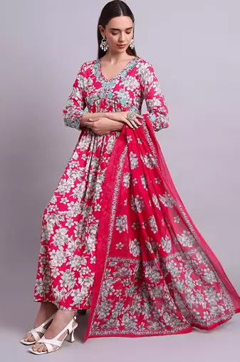 red cotton floral printed & embroidery work anarkali dress with dupatta set