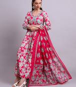 red cotton floral printed & embroidery work anarkali dress with dupatta set