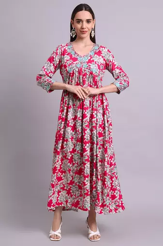 red cotton floral printed & embroidery work anarkali dress with dupatta set
