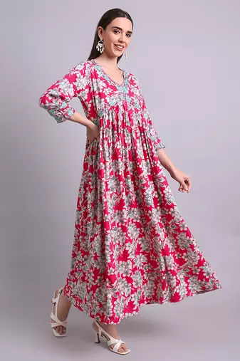 red cotton floral printed & embroidery work anarkali dress with dupatta set