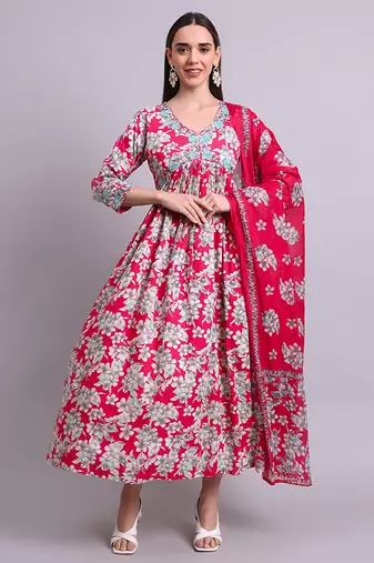 red cotton floral printed & embroidery work anarkali dress with dupatta set