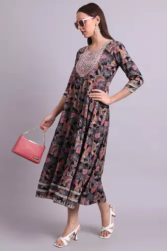 black cotton floral printed & embroidery work anarkali dress