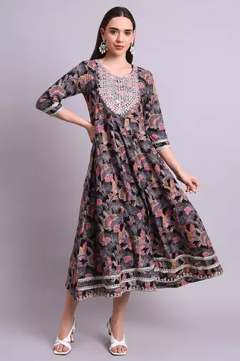 black cotton floral printed & embroidery work anarkali dress