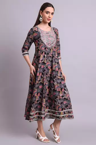 black cotton floral printed & embroidery work anarkali dress