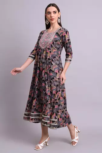black cotton floral printed & embroidery work anarkali dress