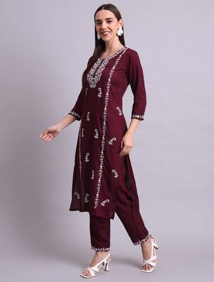 purple cotton & embroidery work kurta with trousers set 1