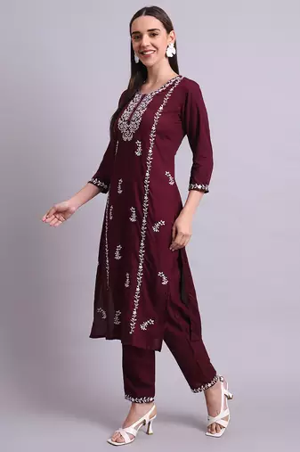 purple cotton & embroidery work kurta with trousers set
