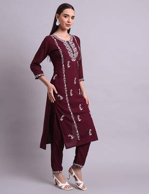 purple cotton & embroidery work kurta with trousers set 2