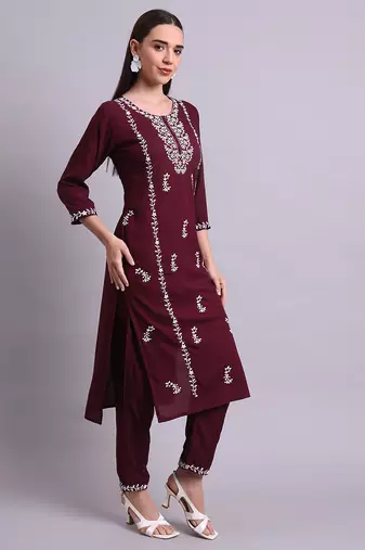 purple cotton & embroidery work kurta with trousers set