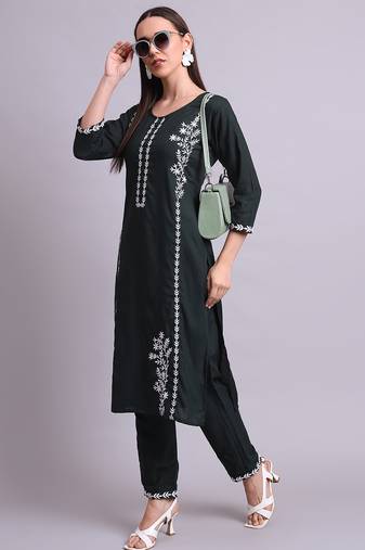 green cotton & embroidery work kurta with trousers set