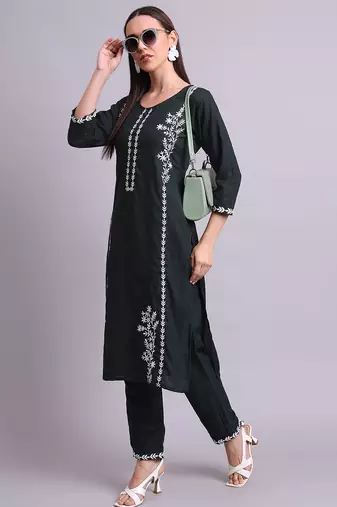 green cotton & embroidery work kurta with trousers set