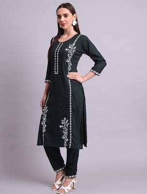 green cotton & embroidery work kurta with trousers set 2