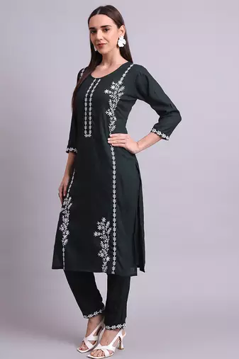green cotton & embroidery work kurta with trousers set