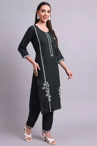 green cotton & embroidery work kurta with trousers set