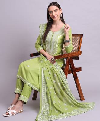 green cotton & embroidery work kurta with trousers & dupatta set 1