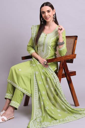green cotton & embroidery work kurta with trousers & dupatta set