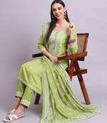 green cotton & embroidery work kurta with trousers & dupatta set