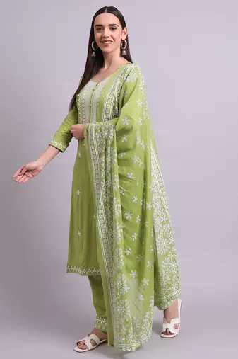 green cotton & embroidery work kurta with trousers & dupatta set