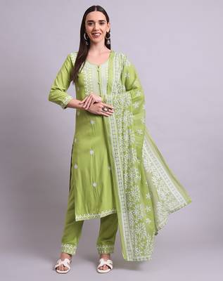 green cotton & embroidery work kurta with trousers & dupatta set 3