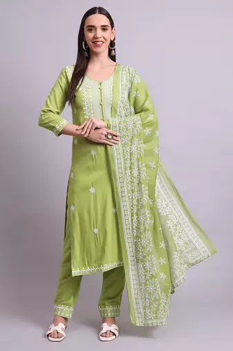 green cotton & embroidery work kurta with trousers & dupatta set