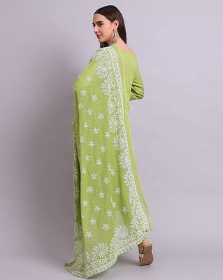 green cotton & embroidery work kurta with trousers & dupatta set 4