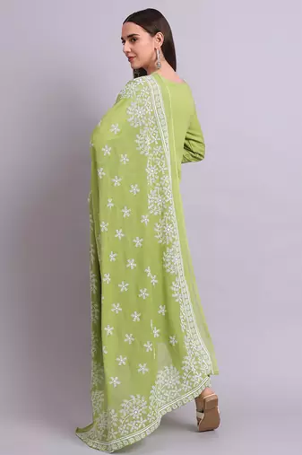 green cotton & embroidery work kurta with trousers & dupatta set