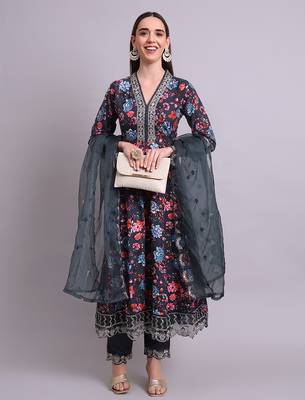 black cotton floral printed & embroidery work anarkali kurta with trousers & dupatta set 1