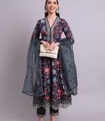 black cotton floral printed & embroidery work anarkali kurta with trousers & dupatta set