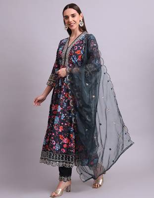 black cotton floral printed & embroidery work anarkali kurta with trousers & dupatta set 2
