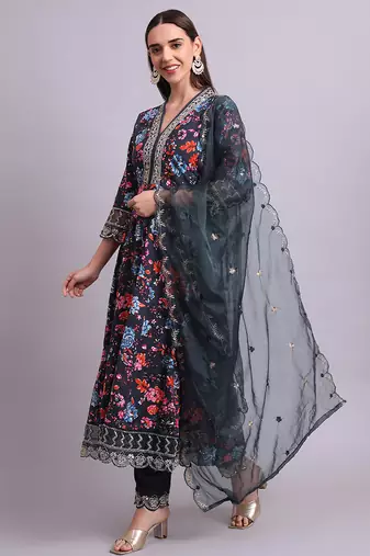 black cotton floral printed & embroidery work anarkali kurta with trousers & dupatta set