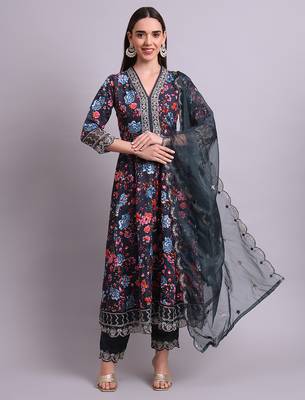 black cotton floral printed & embroidery work anarkali kurta with trousers & dupatta set 3