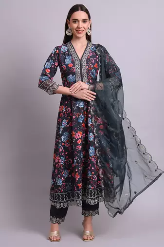 black cotton floral printed & embroidery work anarkali kurta with trousers & dupatta set