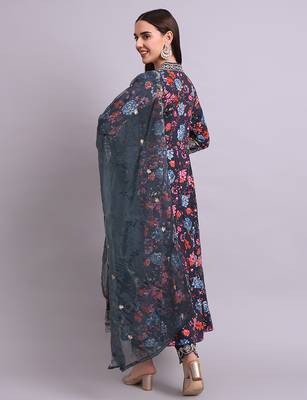 black cotton floral printed & embroidery work anarkali kurta with trousers & dupatta set 4