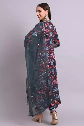 black cotton floral printed & embroidery work anarkali kurta with trousers & dupatta set